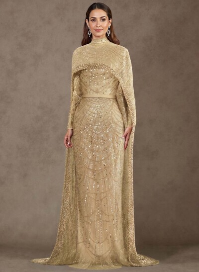 Sheath Column High Neck Long Sleeves Sweep Train Lace Satin Tulle Mother Of The Bride Dresses With Beading