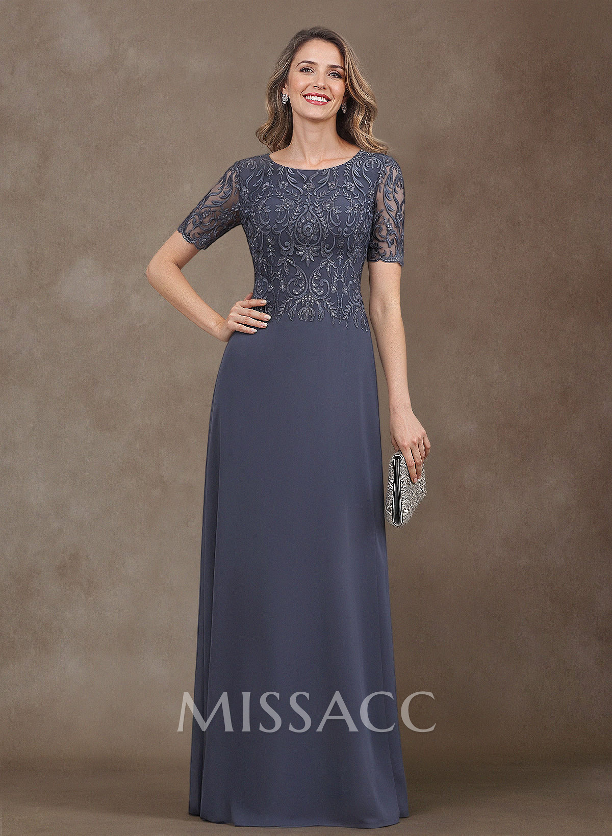 Elegant Scoop Neck Lace/Chiffon Mother Of The Bride Dresses With Appliques Lace