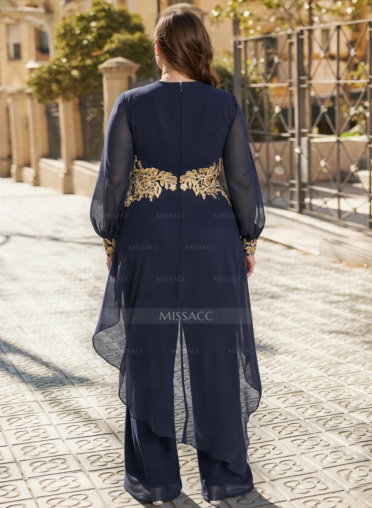 Jumpsuit V-Neck Long Sleeves Floor-Length Chiffon Mother Of The Bride Pantsuit