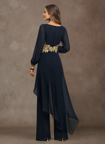 Jumpsuit V-Neck Long Sleeves Floor-Length Chiffon Mother Of The Bride Pantsuit
