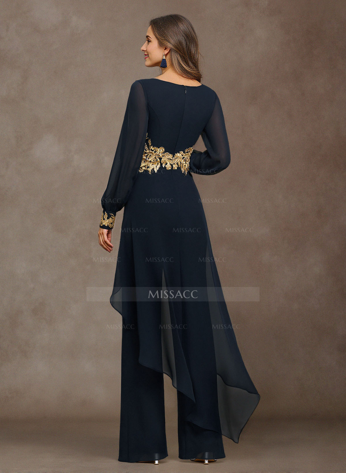 Jumpsuit V-Neck Long Sleeves Floor-Length Chiffon Mother Of The Bride Pantsuit