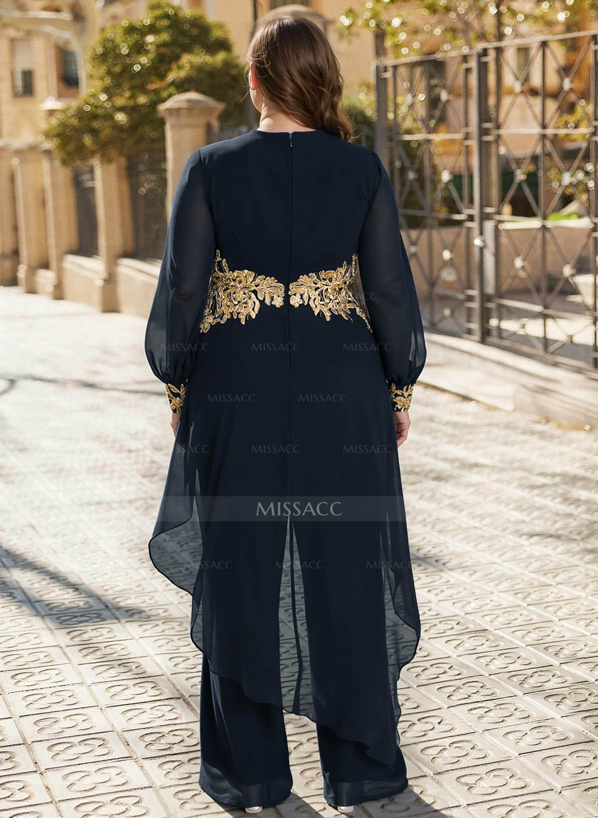 Jumpsuit V-Neck Long Sleeves Floor-Length Chiffon Mother Of The Bride Pantsuit