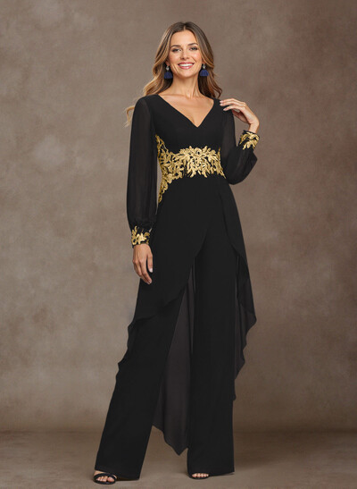 Jumpsuit V-Neck Long Sleeves Floor-Length Chiffon Mother Of The Bride Pantsuit
