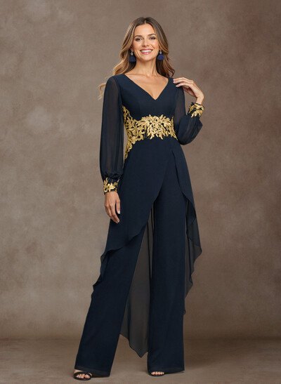 Jumpsuit V-Neck Long Sleeves Floor-Length Chiffon Mother Of The Bride Pantsuit