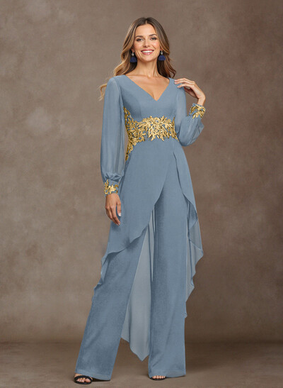 Jumpsuit V-Neck Long Sleeves Floor-Length Chiffon Mother Of The Bride Pantsuit