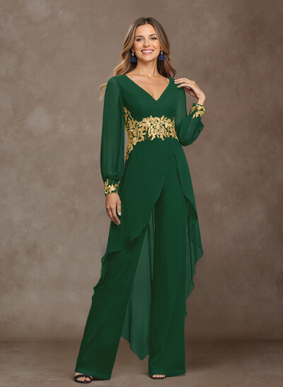 Jumpsuit V-Neck Long Sleeves Floor-Length Chiffon Mother Of The Bride Pantsuit