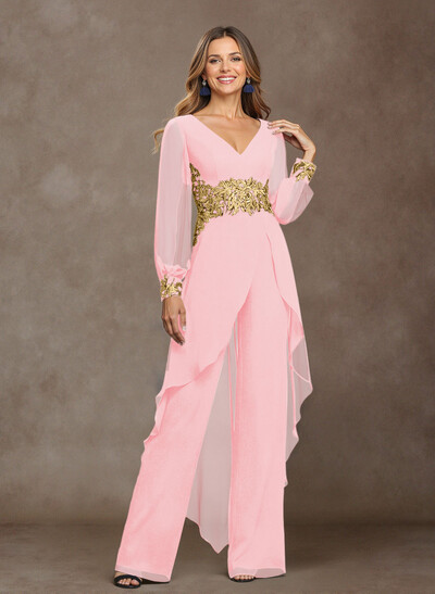 Jumpsuit V-Neck Long Sleeves Floor-Length Chiffon Mother Of The Bride Pantsuit