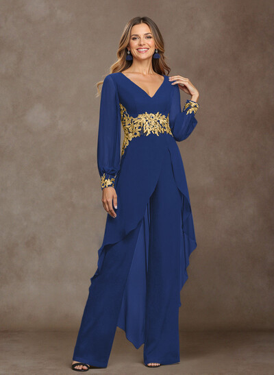 Jumpsuit V-Neck Long Sleeves Floor-Length Chiffon Mother Of The Bride Pantsuit