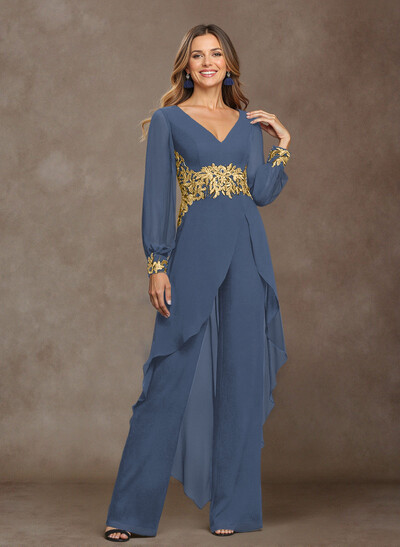 Jumpsuit V-Neck Long Sleeves Floor-Length Chiffon Mother Of The Bride Pantsuit