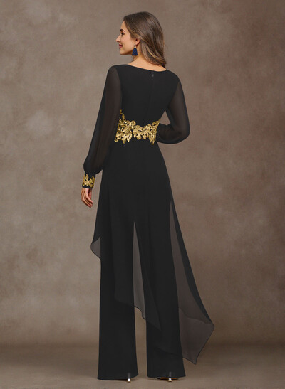 Jumpsuit V-Neck Long Sleeves Floor-Length Chiffon Mother Of The Bride Pantsuit