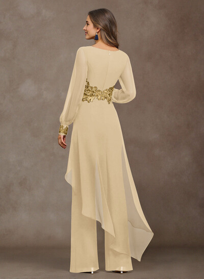 Jumpsuit V-Neck Long Sleeves Floor-Length Chiffon Mother Of The Bride Pantsuit