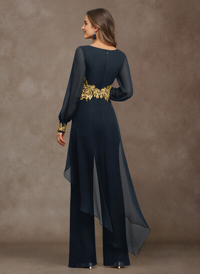 Jumpsuit V-Neck Long Sleeves Floor-Length Chiffon Mother Of The Bride Pantsuit