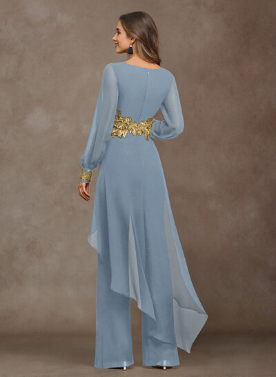 Jumpsuit V-Neck Long Sleeves Floor-Length Chiffon Mother Of The Bride Pantsuit