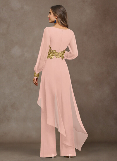Jumpsuit V-Neck Long Sleeves Floor-Length Chiffon Mother Of The Bride Pantsuit