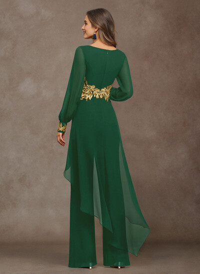 Jumpsuit V-Neck Long Sleeves Floor-Length Chiffon Mother Of The Bride Pantsuit