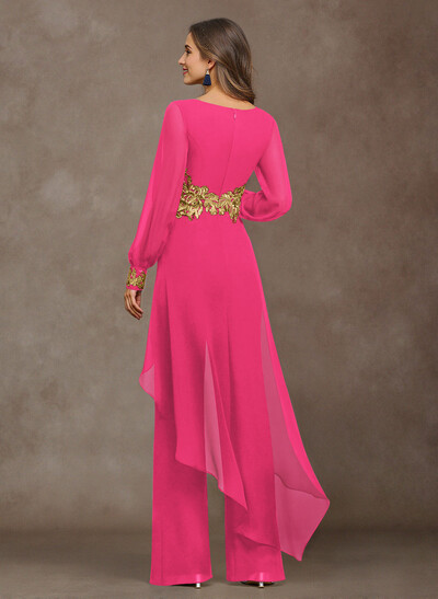 Jumpsuit V-Neck Long Sleeves Floor-Length Chiffon Mother Of The Bride Pantsuit