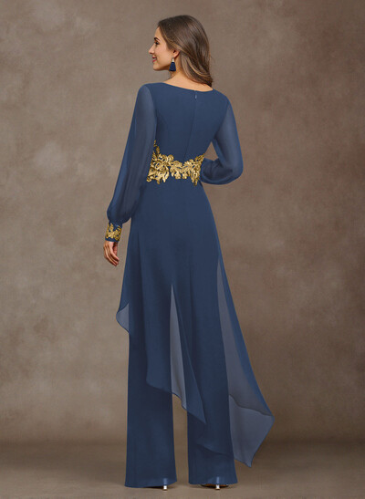 Jumpsuit V-Neck Long Sleeves Floor-Length Chiffon Mother Of The Bride Pantsuit