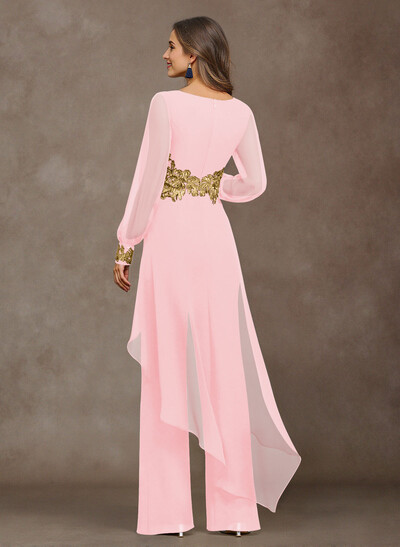 Jumpsuit V-Neck Long Sleeves Floor-Length Chiffon Mother Of The Bride Pantsuit