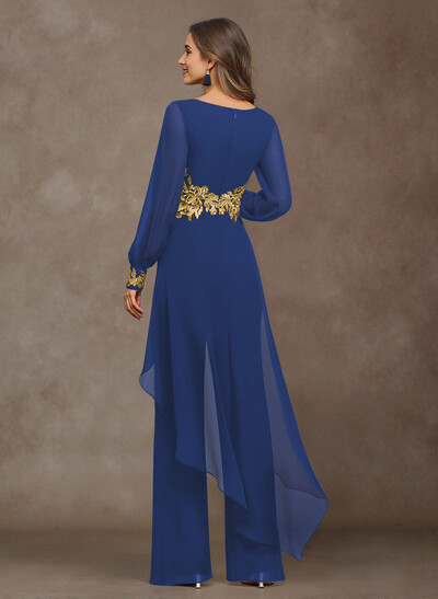 Jumpsuit V-Neck Long Sleeves Floor-Length Chiffon Mother Of The Bride Pantsuit