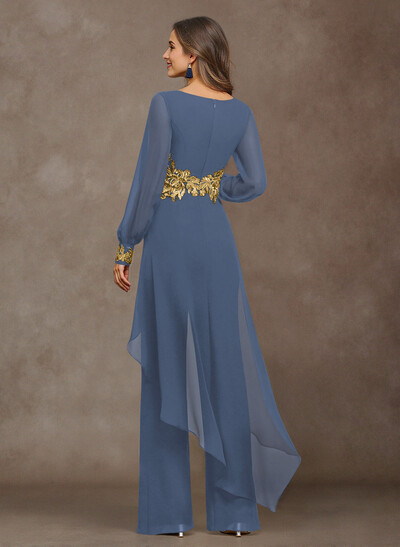 Jumpsuit V-Neck Long Sleeves Floor-Length Chiffon Mother Of The Bride Pantsuit