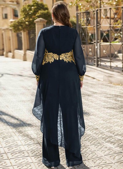 Jumpsuit V-Neck Long Sleeves Floor-Length Chiffon Mother Of The Bride Pantsuit