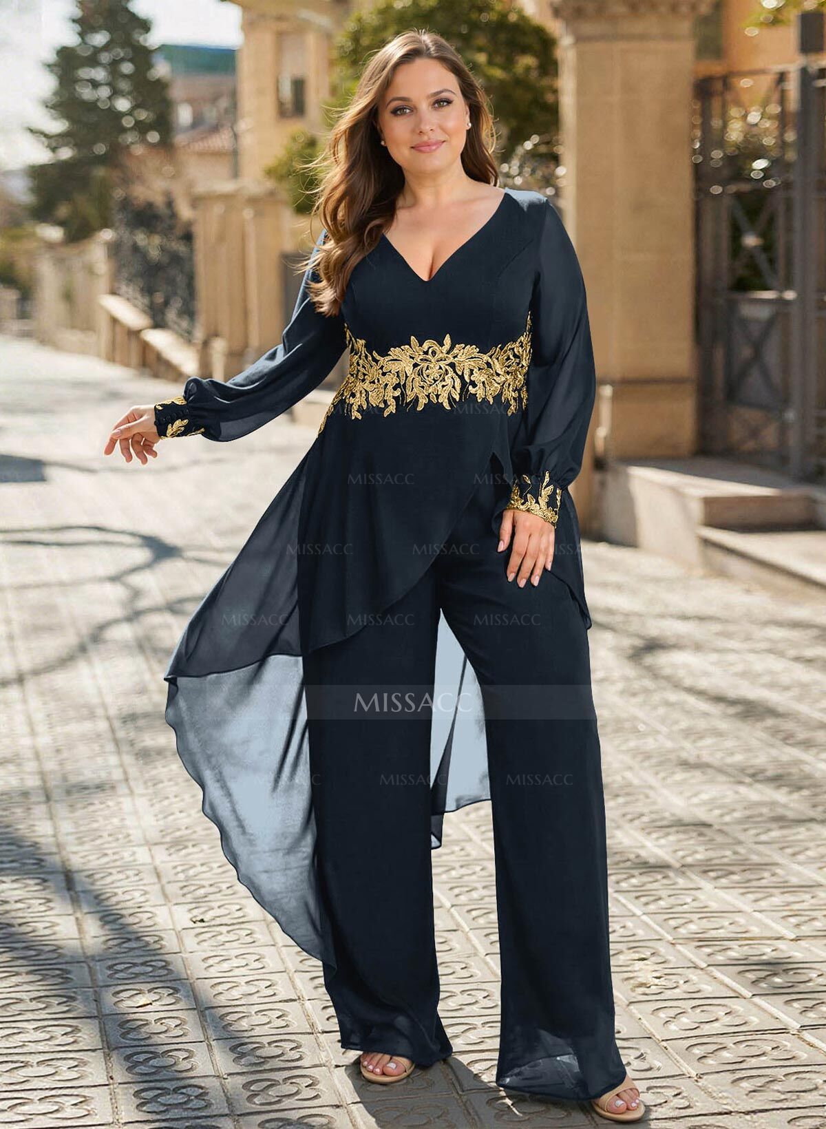 Jumpsuit V-Neck Long Sleeves Floor-Length Chiffon Mother Of The Bride Pantsuit