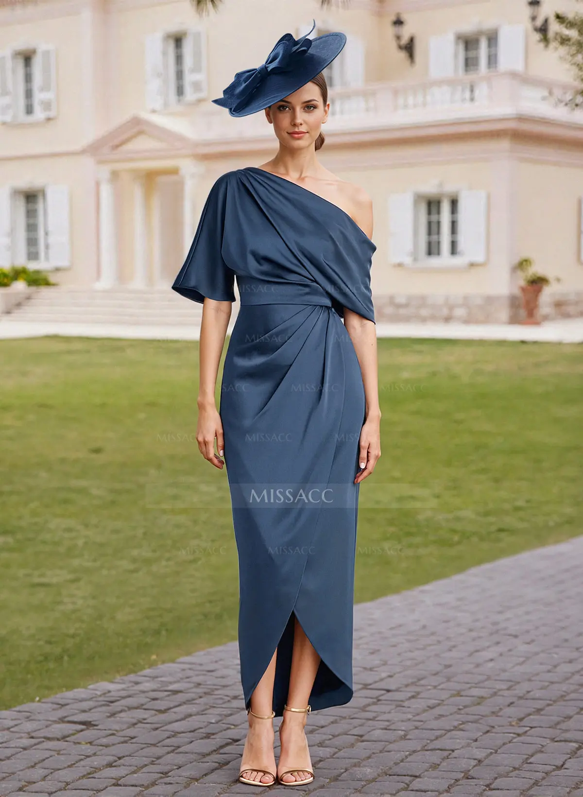 blue dress for baby girl A-line V Neck Ankle Length Lace Satin 3/4 Sleeve Navy Mother of Bride