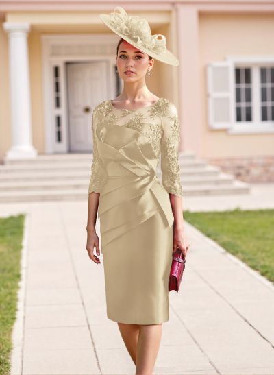 Elegant Lace Scoop Neck 3/4 Sleeves Knee-Length Satin Mother Of The Bride Dresses