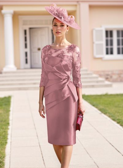 Elegant Lace Scoop Neck 3/4 Sleeves Knee-Length Satin Mother Of The Bride Dresses
