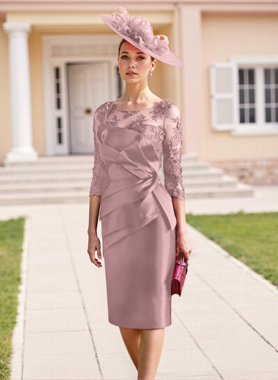 Elegant Lace Scoop Neck 3/4 Sleeves Knee-Length Satin Mother Of The Bride Dresses