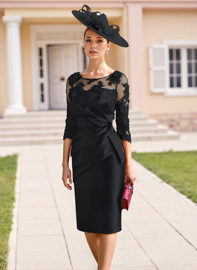 Elegant Lace Scoop Neck 3/4 Sleeves Knee-Length Satin Mother Of The Bride Dresses