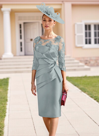 Elegant Lace Scoop Neck 3/4 Sleeves Knee-Length Satin Mother Of The Bride Dresses