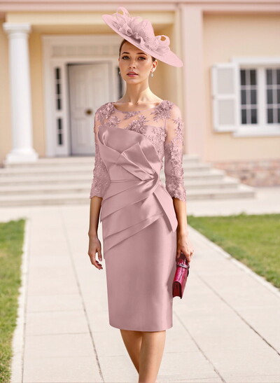 Elegant Lace Scoop Neck 3/4 Sleeves Knee-Length Satin Mother Of The Bride Dresses