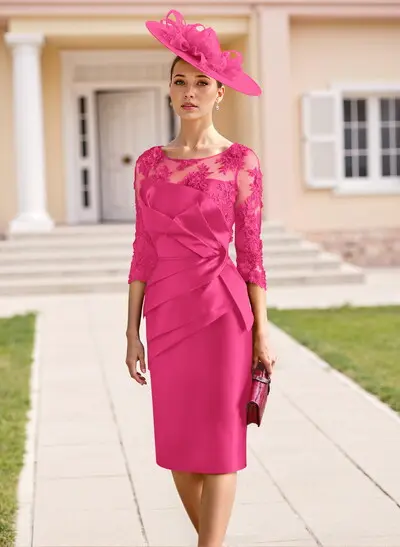 pink mother of the bride dresses knee length Stacees Tea-Length Floral Lace Mother of the Bride or Groom Dress with Chiffon Cape Sleeves