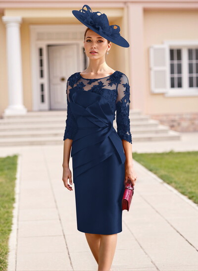 Elegant Lace Scoop Neck 3/4 Sleeves Knee-Length Satin Mother Of The Bride Dresses