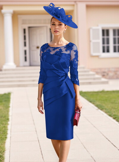 Elegant Lace Scoop Neck 3/4 Sleeves Knee-Length Satin Mother Of The Bride Dresses