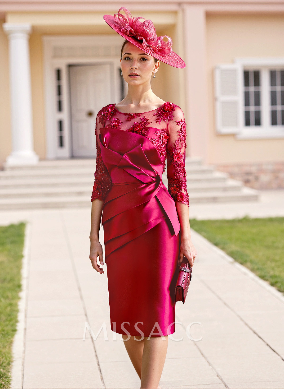 Elegant Lace Scoop Neck 3/4 Sleeves Knee-Length Satin Mother Of The Bride Dresses Elegant Lace Scoop Neck 3/4 Sleeves Knee-Length Satin Mother Of The Bride Dresses