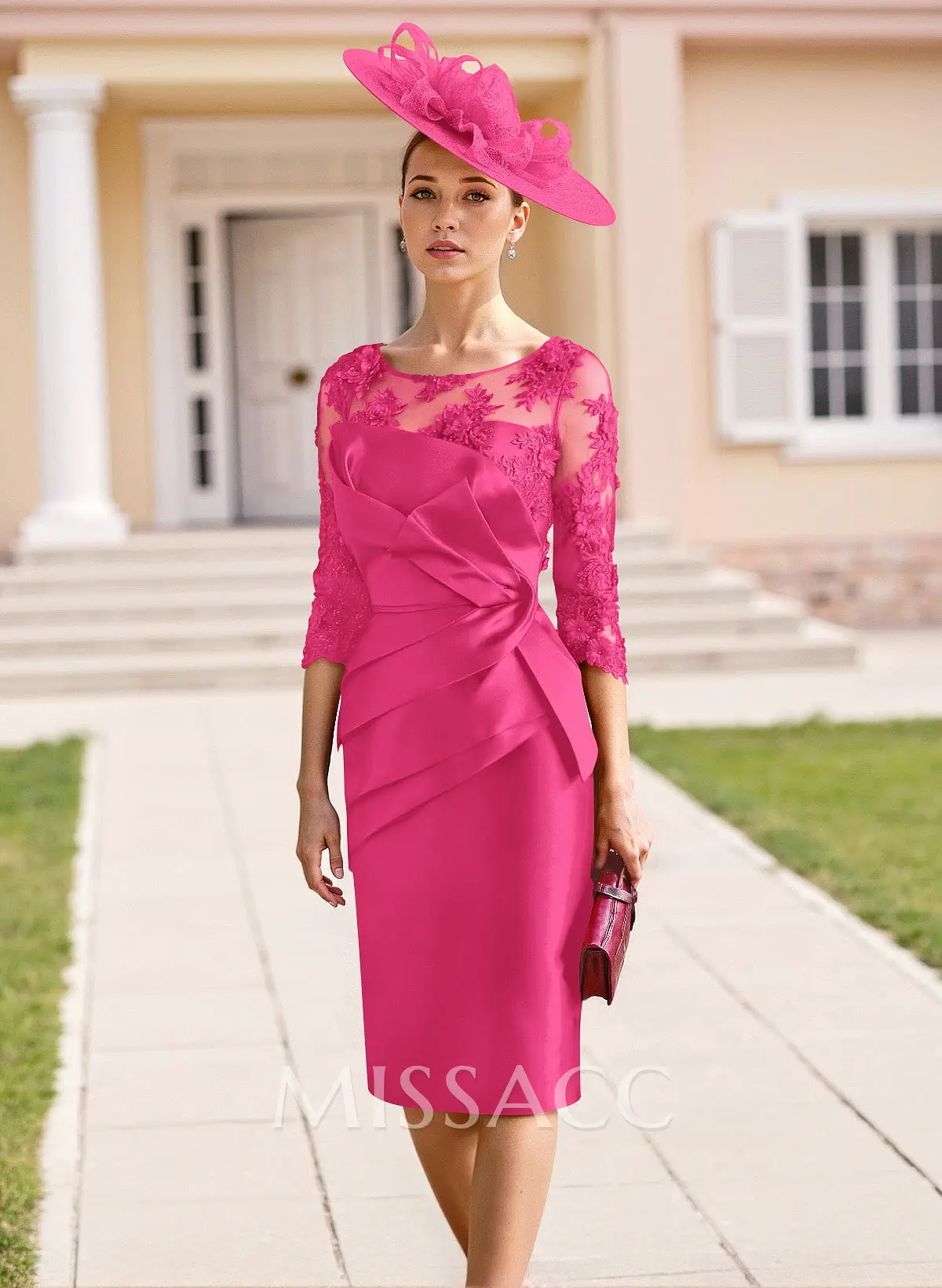 knee length pink mother of the bride dresses Elegant Lace Scoop Neck 3/4 Sleeves Knee-Length Satin Mother Of The Bride  Dresses