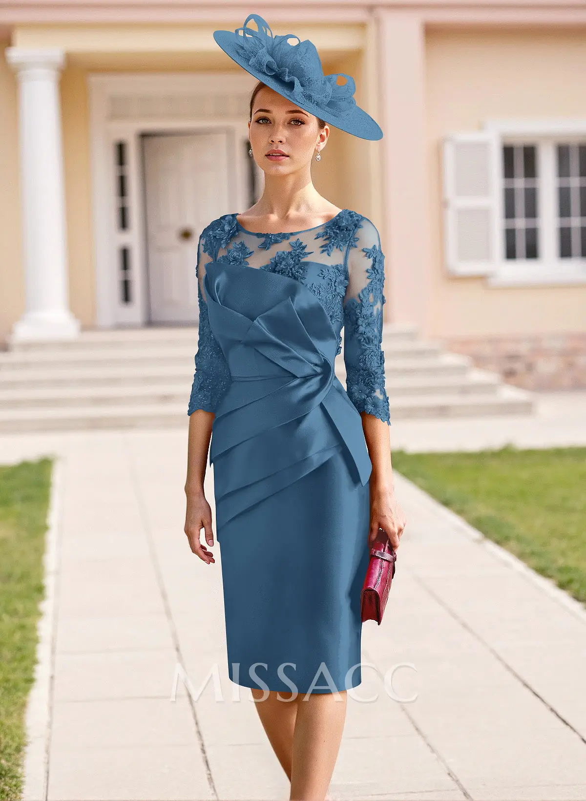 knee length mob dresses Missacc Peacock Mother Of The Bride Elegant Lace Scoop Neck 3/4 Sleeves Knee-Length Satin Mother Of The Bride Dresses Line/Princess Neckline M170052 Knee Length Scalloped V-neck