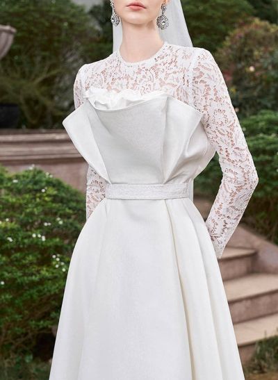 Dreamy Scoop Neck Lace Long Sleeves A-Line Asymmetrical Satin Wedding Dresses