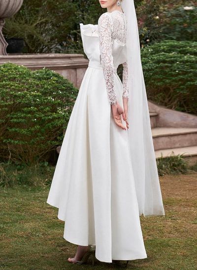 Dreamy Scoop Neck Lace Long Sleeves A-Line Asymmetrical Satin Wedding Dresses