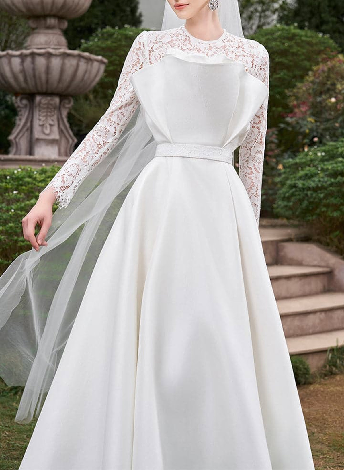 Dreamy Scoop Neck Lace Long Sleeves A-Line Asymmetrical Satin Wedding Dresses