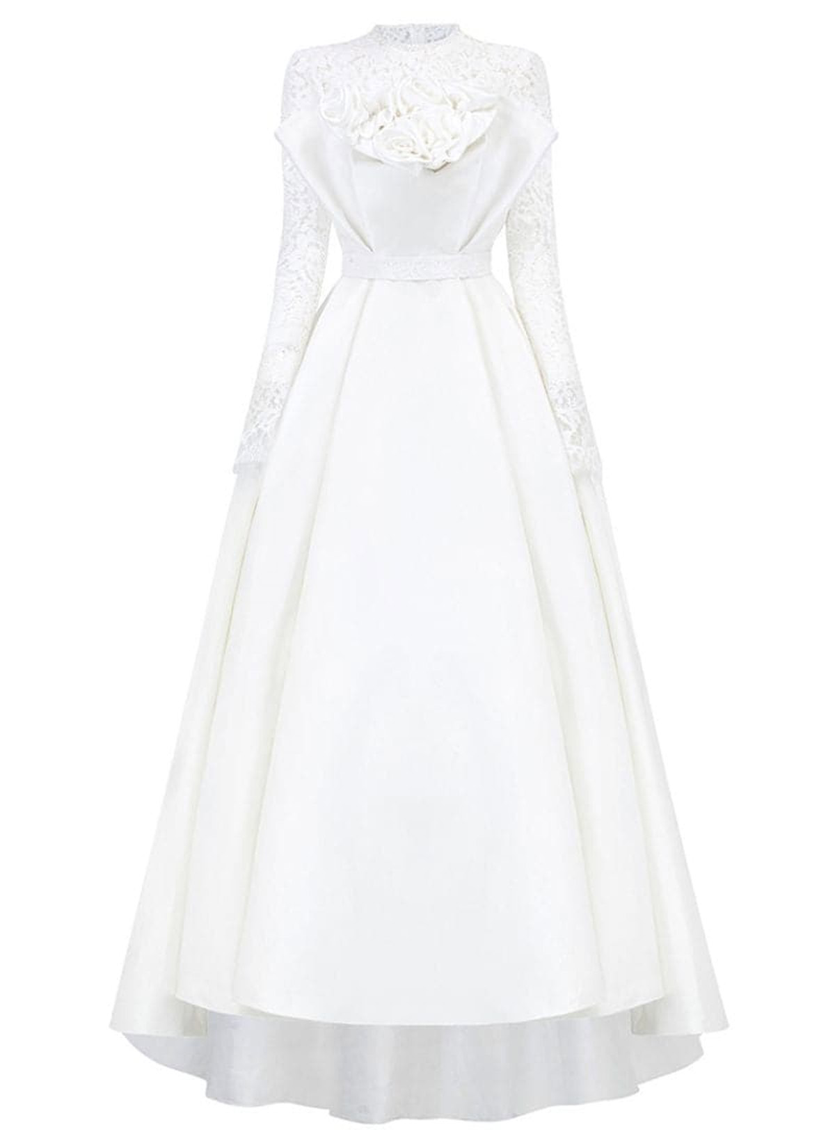 Dreamy Scoop Neck Lace Long Sleeves A-Line Asymmetrical Satin Wedding Dresses