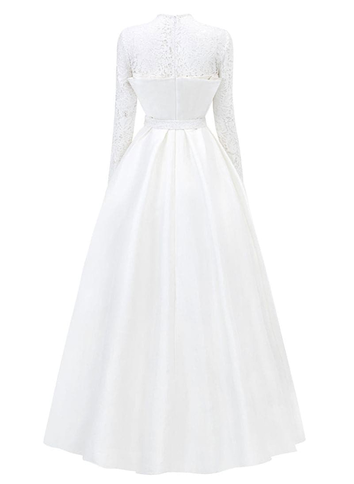 Dreamy Scoop Neck Lace Long Sleeves A-Line Asymmetrical Satin Wedding Dresses