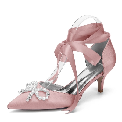 Point Toe Bowknot Silk Like Satin Lace-Up Kitten Heel Wedding Shoes