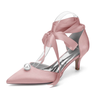 Imitation Pearl Point Toe Silk Like Satin Lace-Up Kitten Heel Wedding Shoes