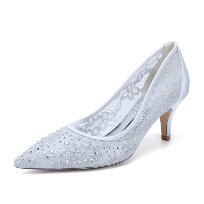 Point Toe Slip On Silk Like Satin Lace Kitten Heel Wedding Shoes