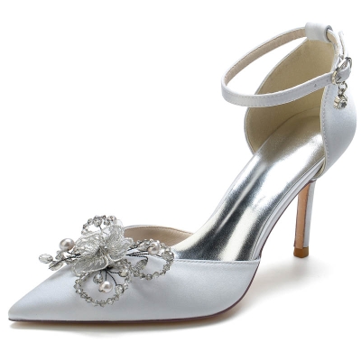 Point Toe Flower Silk Like Satin Buckle Wedding Shoes