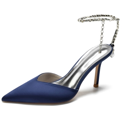 Point Toe Chain Buckle Silk Like Satin Wedding Shoes With Rhinestone