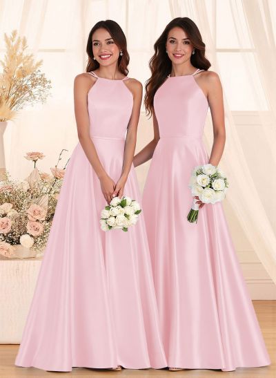 Classic Scoop Neck A-Line Floor-Length Satin Bridesmaid Dresses
